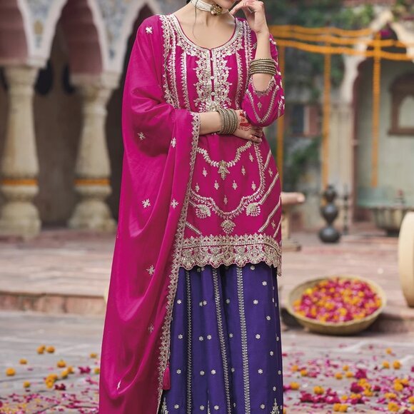 Designer Pink Pakistani Wedding Wear Chinon Silk Embroidered Palazzo Suit - Picture 1 of 4
